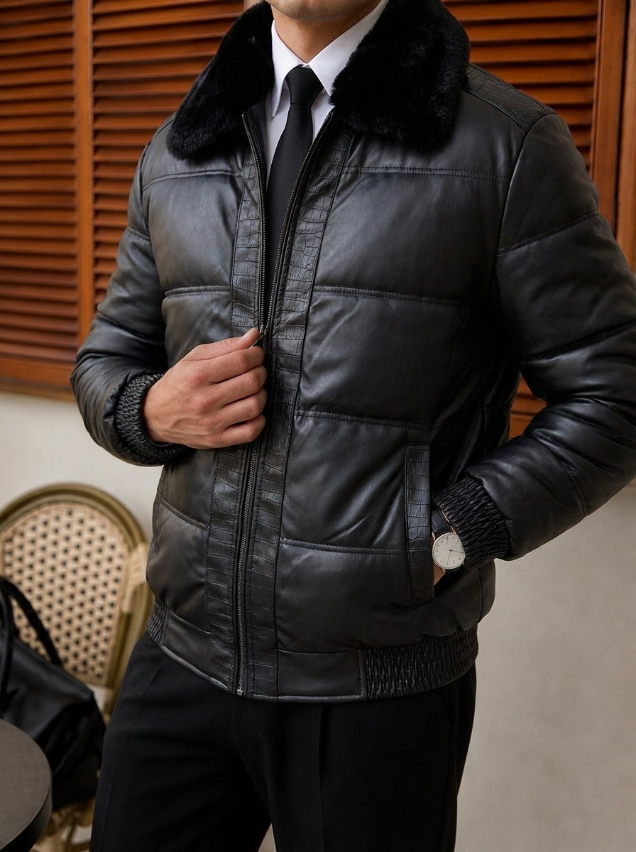 Udine Fur-Collar Leather Jacket - Black