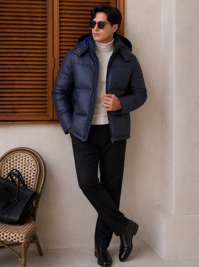 Trento Hooded Leather Jacket - Blue