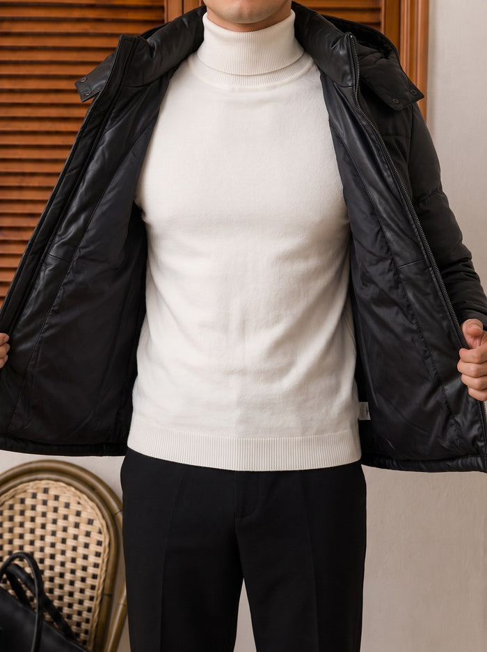 Trento Hooded Leather Jacket - Black detail