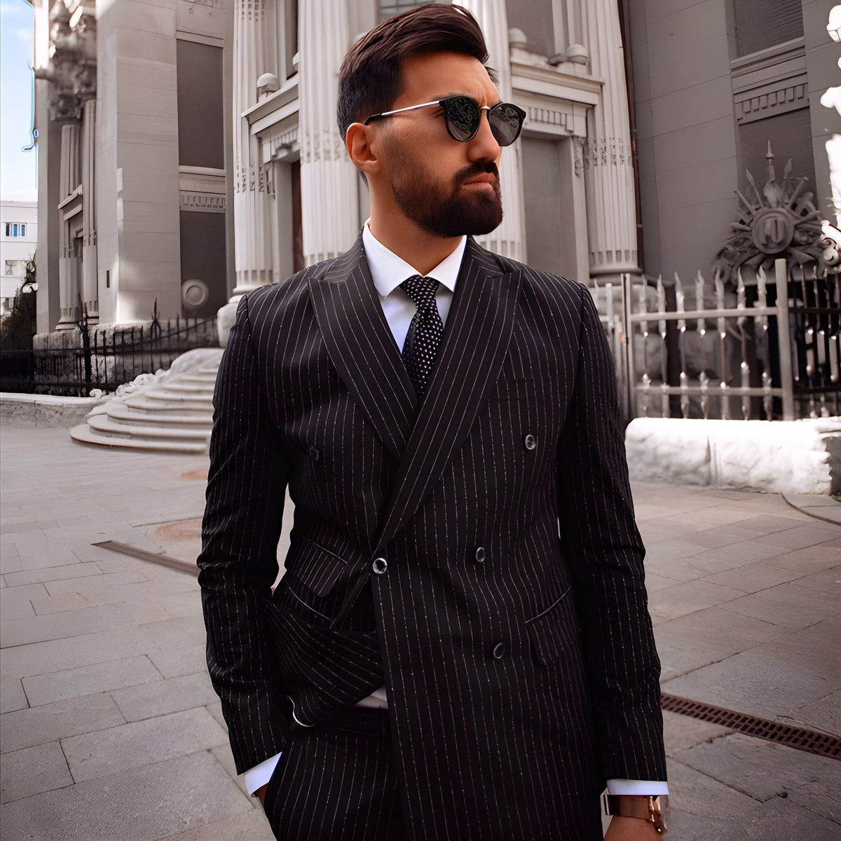 Begmenov pinstripe suit editorial