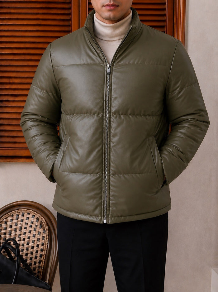 Trento Hooded Leather Jacket - Khaki detail