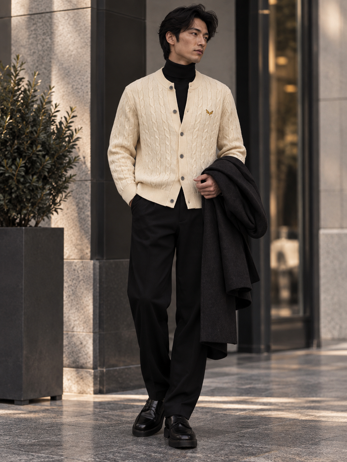 Taggia Cable-Knit Crew Cardigan fabric