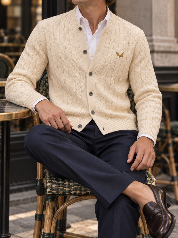 Taggia Cable-Knit Crew Cardigan fit